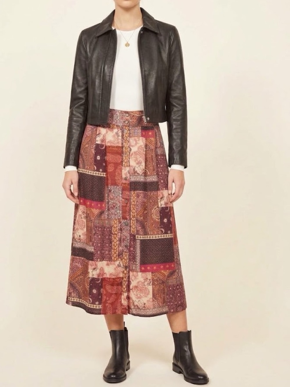 Patchwork Print Button Front Skirt